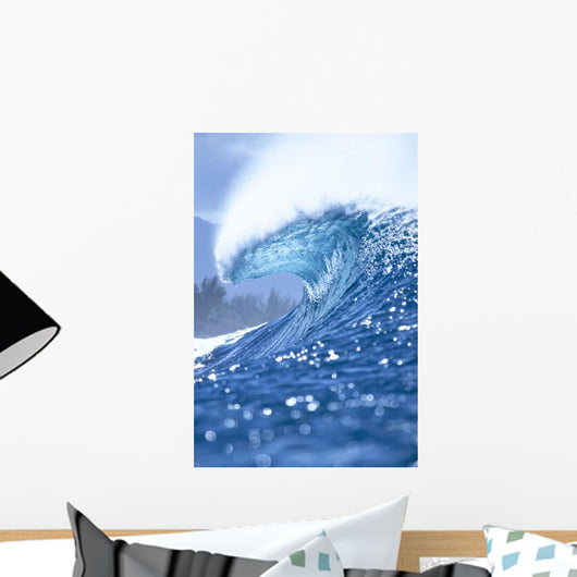 Large Shimmery Blue Wave Curling With Wind Spray, Land Visible Wall Mural