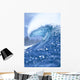 Large Shimmery Blue Wave Curling With Wind Spray, Land Visible Wall Mural