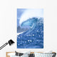 Large Shimmery Blue Wave Curling With Wind Spray, Land Visible Wall Mural