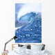Large Shimmery Blue Wave Curling With Wind Spray, Land Visible Wall Mural