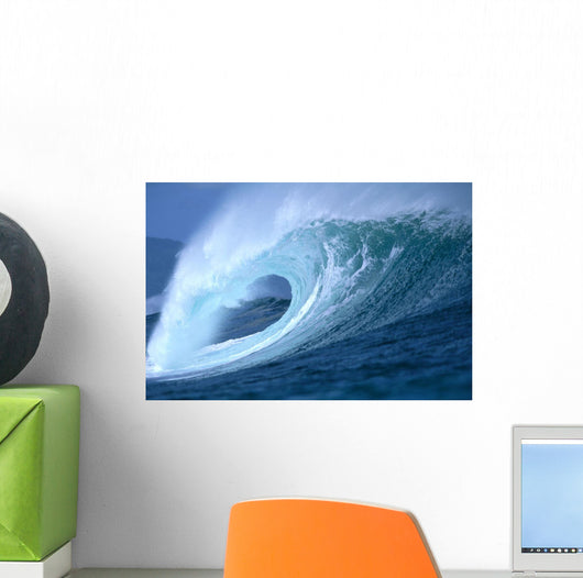Large Aqua Wave, Curling, Spray And Whitewash, Blue Sky Wall Mural