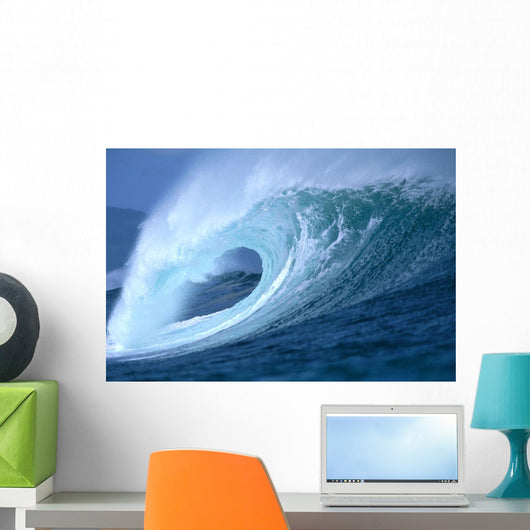 Large Aqua Wave, Curling, Spray And Whitewash, Blue Sky Wall Mural