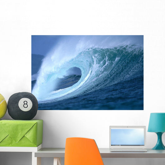 Large Aqua Wave, Curling, Spray And Whitewash, Blue Sky Wall Mural