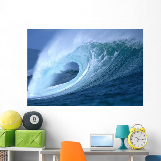 Large Aqua Wave, Curling, Spray And Whitewash, Blue Sky Wall Mural
