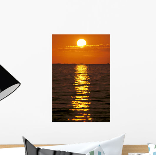 Sunset Reflections On Dark Ocean Water, Sun Ball In Orange Sky Wall Mural