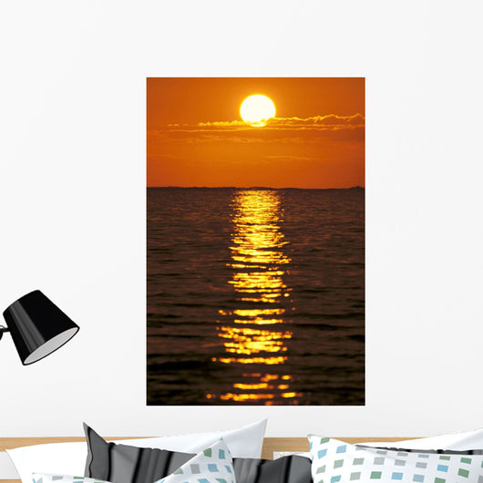Sunset Reflections On Dark Ocean Water, Sun Ball In Orange Sky Wall Mural