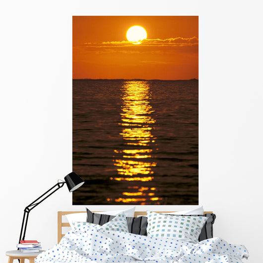 Sunset Reflections On Dark Ocean Water, Sun Ball In Orange Sky Wall Mural