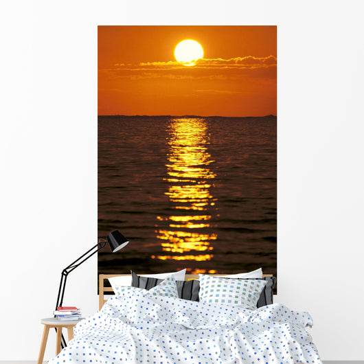 Sunset Reflections On Dark Ocean Water, Sun Ball In Orange Sky Wall Mural