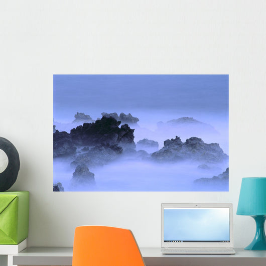 Misty Fog Layer Over Lava Rocks, Ocean Shoreline Wall Mural