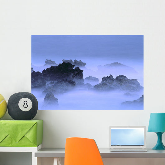 Misty Fog Layer Over Lava Rocks, Ocean Shoreline Wall Mural