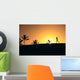 Woman In Distance, Silhouetted Running At Sunset, Palm Trees Wall Mural