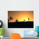 Woman In Distance, Silhouetted Running At Sunset, Palm Trees Wall Mural