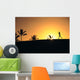 Woman In Distance, Silhouetted Running At Sunset, Palm Trees Wall Mural