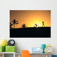 Woman In Distance, Silhouetted Running At Sunset, Palm Trees Wall Mural