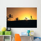 Woman In Distance, Silhouetted Running At Sunset, Palm Trees Wall Mural