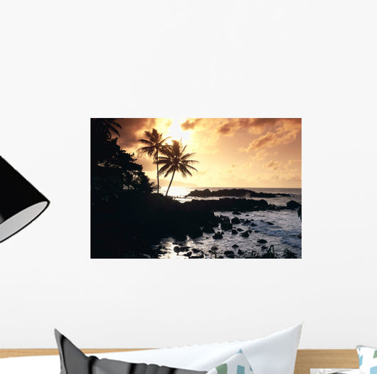 Rocky Shoreline With Palms Silhouetted At Sunset Wall Mural