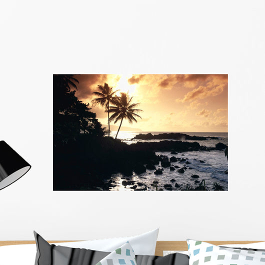 Rocky Shoreline With Palms Silhouetted At Sunset Wall Mural
