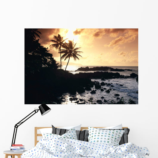 Rocky Shoreline With Palms Silhouetted At Sunset Wall Mural