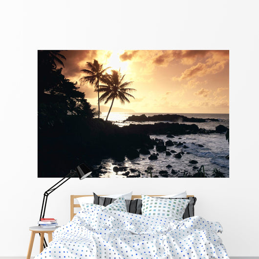 Rocky Shoreline With Palms Silhouetted At Sunset Wall Mural