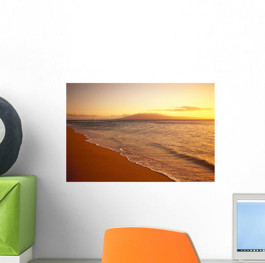 Hawaii, Maui, Hazy Orange Sunset Over Ka'anapali Beach, Gentle Waves Wall Mural