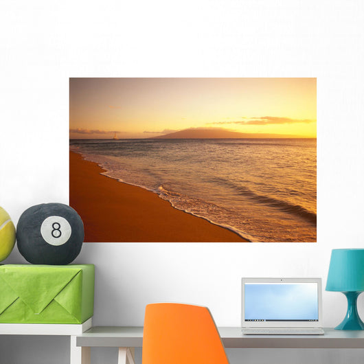 Hawaii, Maui, Hazy Orange Sunset Over Ka'anapali Beach, Gentle Waves Wall Mural