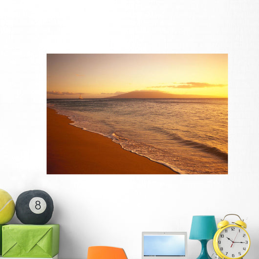 Hawaii, Maui, Hazy Orange Sunset Over Ka'anapali Beach, Gentle Waves Wall Mural