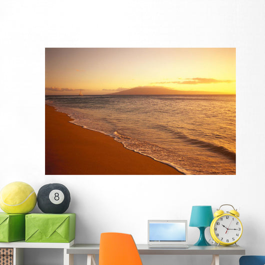 Hawaii, Maui, Hazy Orange Sunset Over Ka'anapali Beach, Gentle Waves Wall Mural
