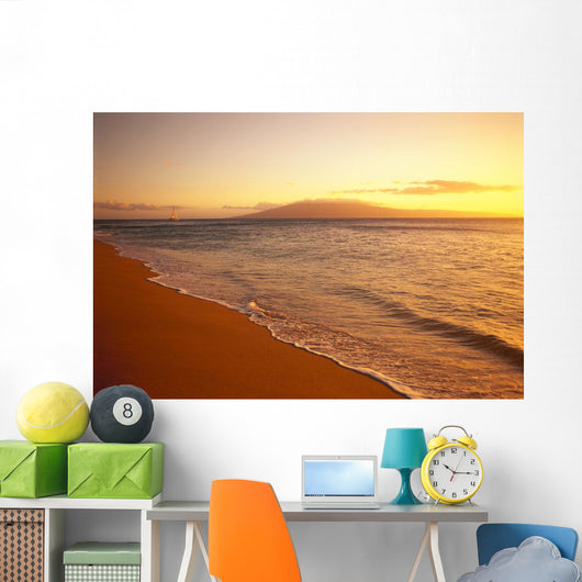 Hawaii, Maui, Hazy Orange Sunset Over Ka'anapali Beach, Gentle Waves Wall Mural