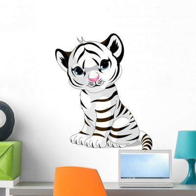 Cute White Tiger Cub Wall Decal shown on a wall