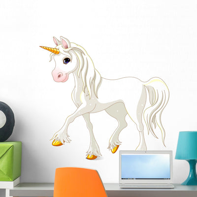 Beautiful White Unicorn Wall Decal shown on a wall