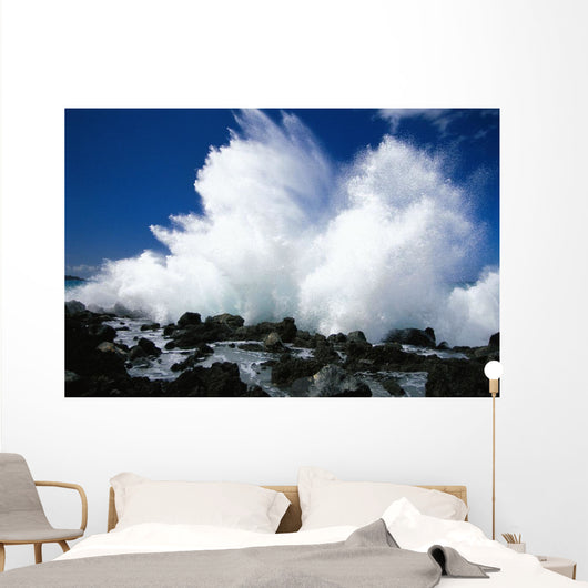 Hawaii, Maui, Makena Coast, Surf Crashing Along Lava Rock Shoreline Wall Mural
