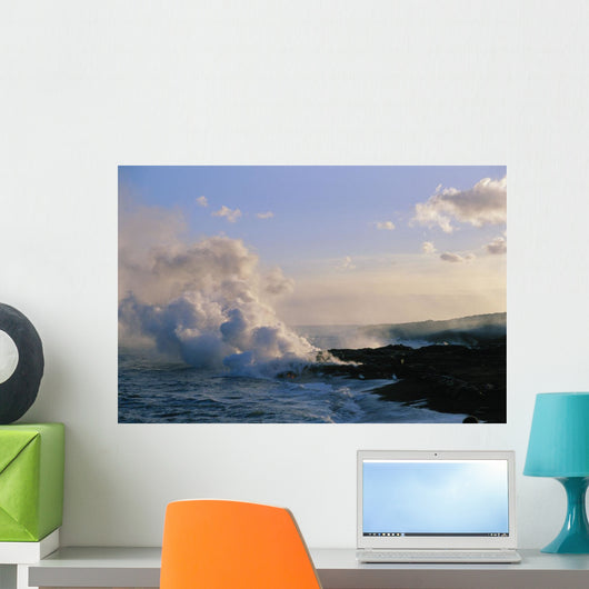 Hawaii, Big Island, Kalapana, Steam Cloud From Lava Flowing Into Ocean Wall Mural