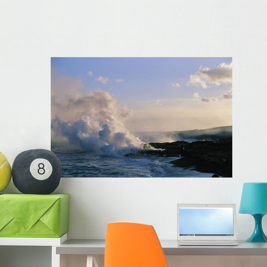Hawaii, Big Island, Kalapana, Steam Cloud From Lava Flowing Into Ocean Wall Mural