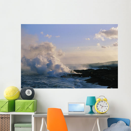 Hawaii, Big Island, Kalapana, Steam Cloud From Lava Flowing Into Ocean Wall Mural