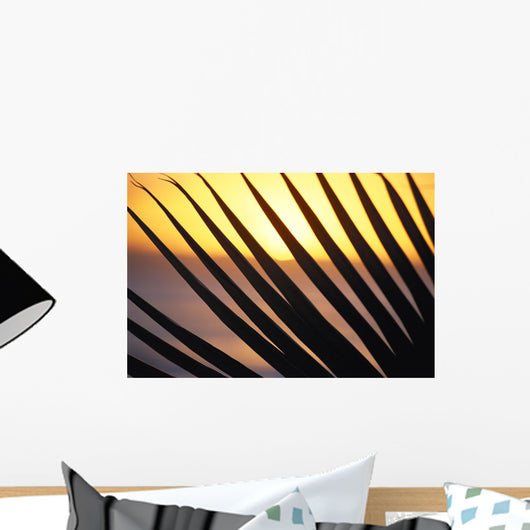 Close-Up Detail Palm Fronds Silhouetted Against Golden Sunset Skies Wall Mural