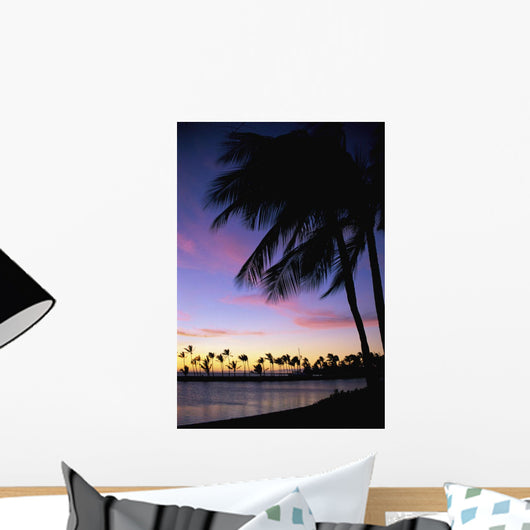 Palms At Sunset Colorful Tropical Scene Pink Clouds Golden Sky Wall Mural