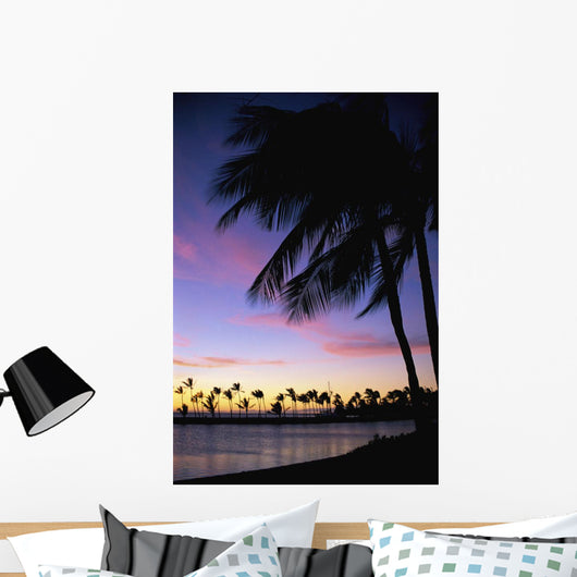 Palms At Sunset Colorful Tropical Scene Pink Clouds Golden Sky Wall Mural