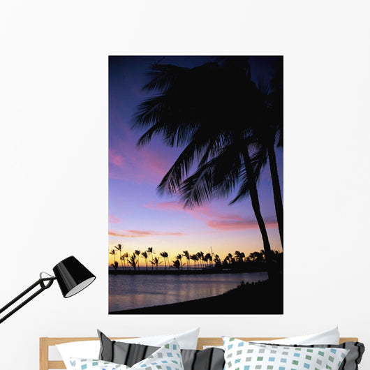 Palms At Sunset Colorful Tropical Scene Pink Clouds Golden Sky Wall Mural