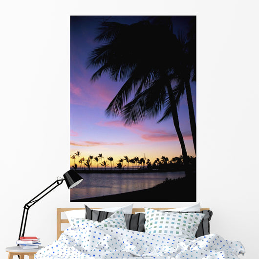 Palms At Sunset Colorful Tropical Scene Pink Clouds Golden Sky Wall Mural