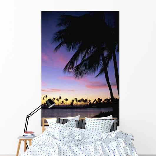 Palms At Sunset Colorful Tropical Scene Pink Clouds Golden Sky Wall Mural