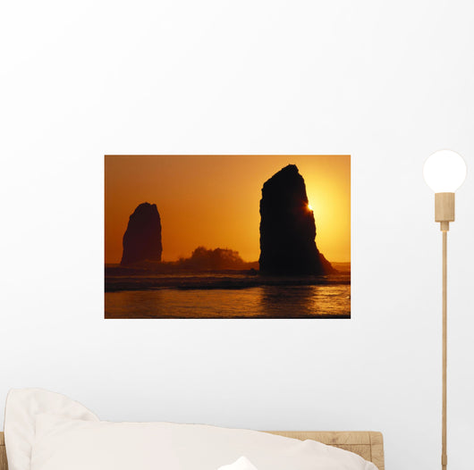 Oregon Coast, Sunset Over Sea Stacks At Cannon Beach Wall Mural