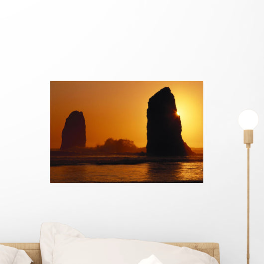Oregon Coast, Sunset Over Sea Stacks At Cannon Beach Wall Mural