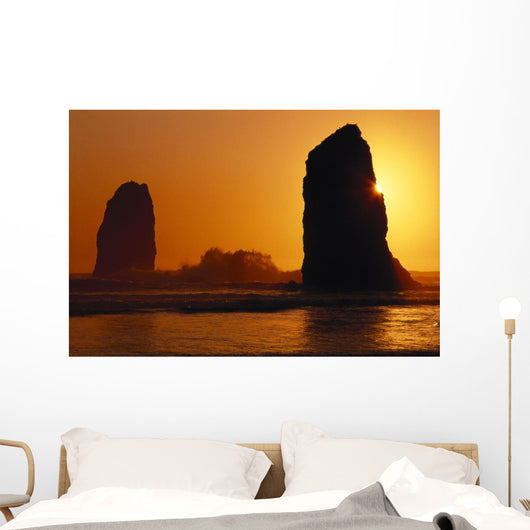Oregon Coast, Sunset Over Sea Stacks At Cannon Beach Wall Mural