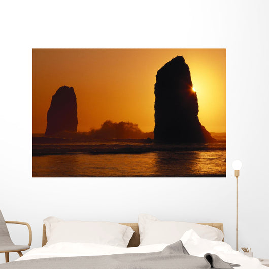 Oregon Coast, Sunset Over Sea Stacks At Cannon Beach Wall Mural