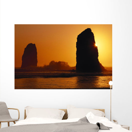 Oregon Coast, Sunset Over Sea Stacks At Cannon Beach Wall Mural