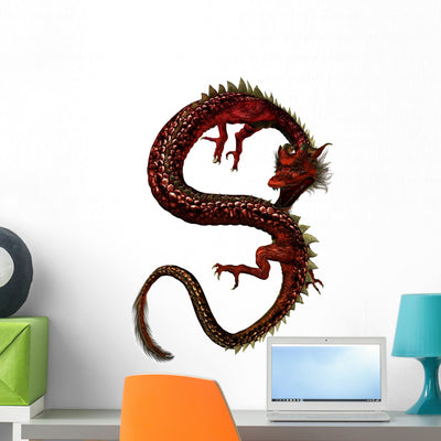 Red Eastern Dragon Wall Decal shown on a wall