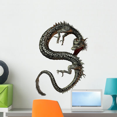 Silver Eastern Dragon Wall Decal shown on a wall