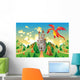 Panorama with medieval castle and dragon. Vector illustration Wall Mural
