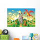 Panorama with medieval castle and dragon. Vector illustration Wall Mural