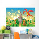 Panorama with medieval castle and dragon. Vector illustration Wall Mural